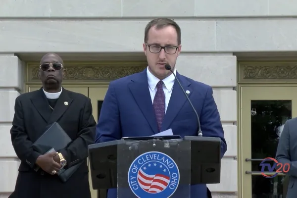 Brian Pearson speaks at a 2025 press conference with the City of Cleveland